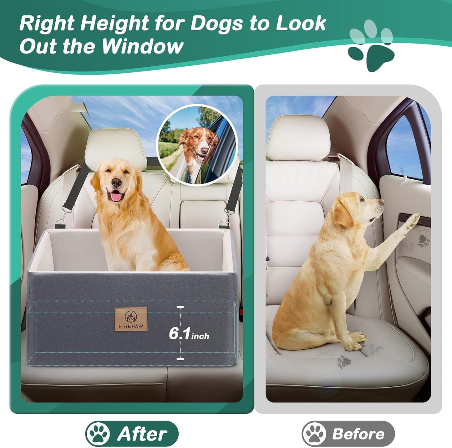 Dog Car Seat for Large Dog, Dog Booster Car Seat for 55Lbs or 2 Small Dogs, Detachable and Washable Travel Dog Bed with Thick Cushion and Storage Pockets, Dog Seat Belt for Car