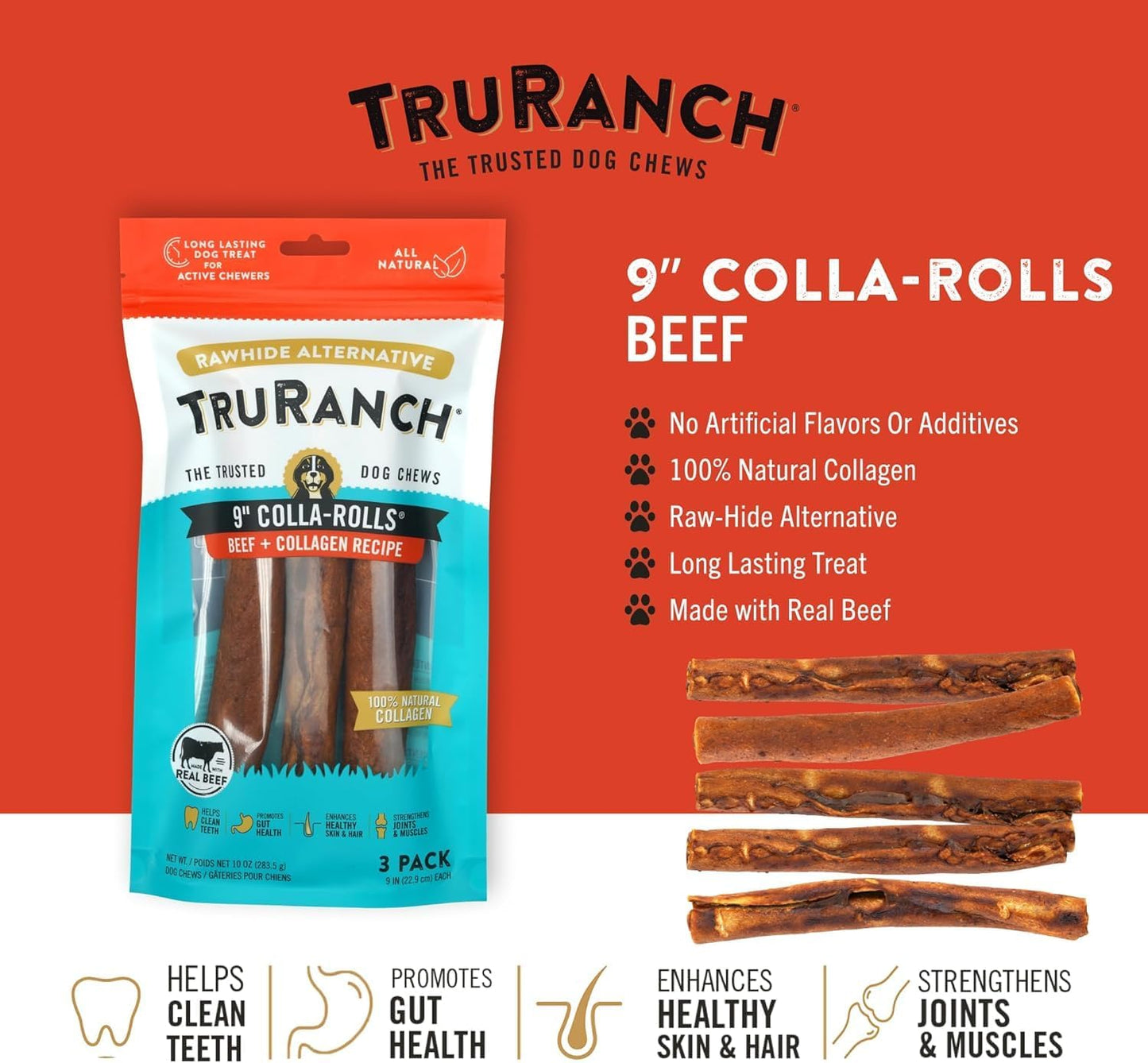 TRURANCH Collagen Rolls - 9" Collagen Rolls for Dogs - Long Lasting Healthy Joint Support Dog Treat - Rawhide Alternative - Skin & Coat Health - Made with Real Beef, 1 Bag, 3 Count