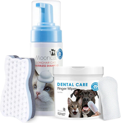 Mooncat Waterless Shampoo & Brush Kit for Longhair Cats + Dental Finger Wipes Bundle - Licking Safe Foam Detangler, Breath Freshening Wipes (40 Count)
