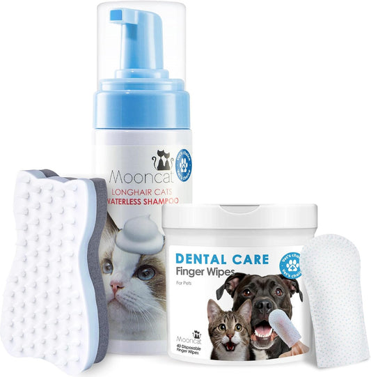 Mooncat Waterless Shampoo & Brush Kit for Longhair Cats + Dental Finger Wipes Bundle - Licking Safe Foam Detangler, Breath Freshening Wipes (40 Count)