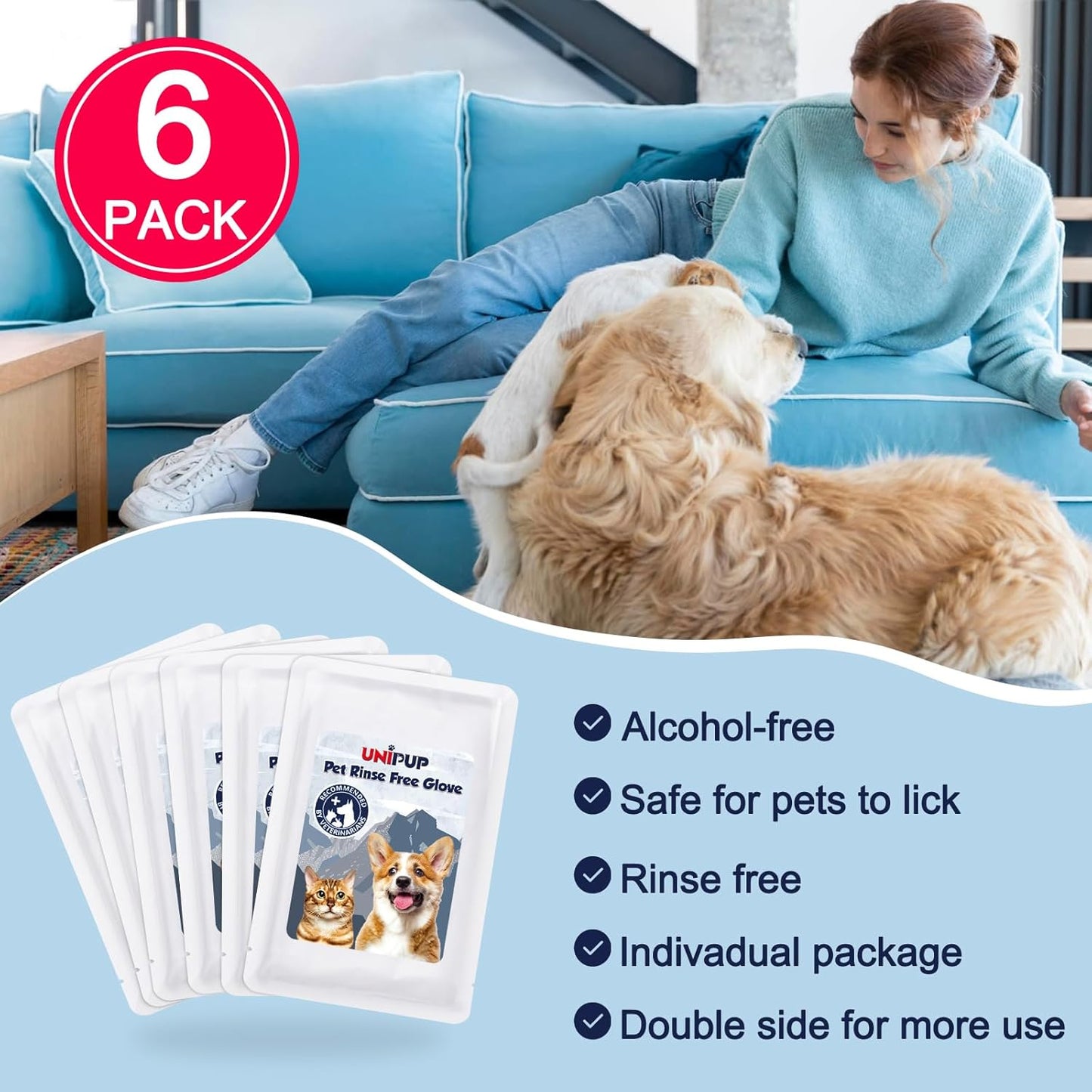 Pet Glove Wipes for Dogs, Dog Cleaning Gloves with Coconut Scented, Dual-Sided Pet Gloves Grooming for Cats with Wipes, Dog Cleaning Gloves Wipes for Daily Care and Travel, 6 Count