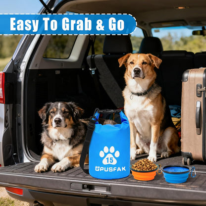 Zip Roll Top Pet Food Storage Bag with Travel Bowl(96 Cup) - Dog Food Travel Bag Waterproof Kibble Container for Camping Road Trips Dog Boarding Weekend Getaways Machine Washable 15L Blue
