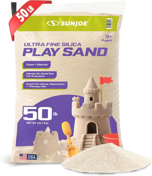 Sun Joe Ultra Fine Silica Play Sand for Sandboxes, Sensory Tables, Gardens, Weighted Toys & Aquariums, for Molding, Digging & Sculpting, 50 Pound Bucket