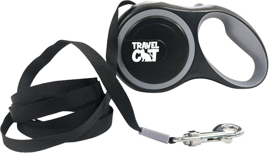 Travel Cat Retractable Expandable Leash - Black 10 Ft Long Strong Tape, Release/Lock Button and Anti-Slip Handle for Small to Large Cats - Light Pet Leash for Walking, Training