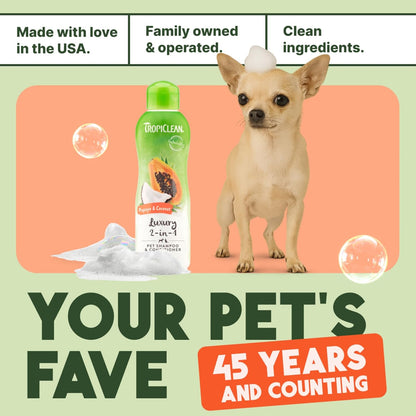 TropiClean 2-in-1 Dog Shampoo and Conditioner, Moisturizing Dog Detangler, Puppy Safe, Made in the USA, Papaya Scent, Cat & Kitten Safe, 20oz.