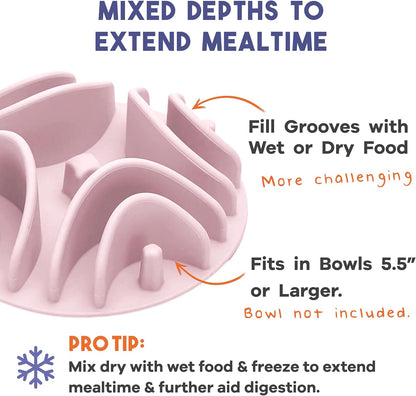 Awoo Great Vibes - Silicone Slow Feeder for Dog Bowls Over 5.5 Inches - Non-Slip, Wet and Dry Food-Compatible Pet Dish with Suction Cups - Extends Mealtime for Fast Eaters - Dishwasher Safe (Mauve)