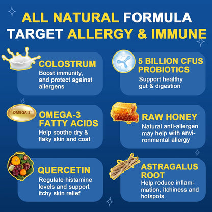 Dog Allergy Relief Chews, Itch Relief for Dogs, Colostrum, Probiotics for Dogs Support Immunity, Omega 3, Honey for Dry & Itchy Skin Relief, Seasonal Allergy, Pawlicking, Hot Spot Treatment, 120 Bites