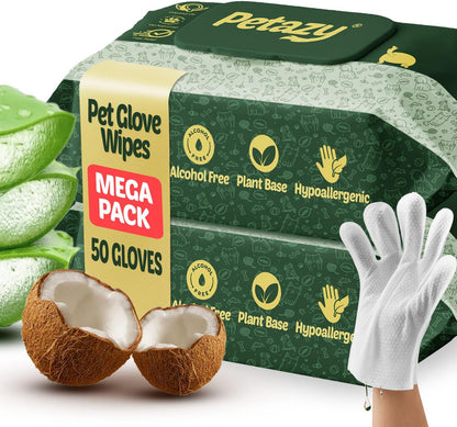 Pet Glove Wipes for Dogs & Cats – 50 Pack | Hypoallergenic, No Rinse, Extra Thick Cleaning Gloves with Aloe & Coconut Oil | Paws, Face, Ears & Butt | Travel Friendly, Gentle & Safe