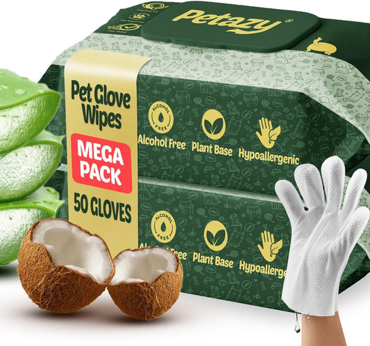 Pet Glove Wipes for Dogs & Cats – 50 Pack | Hypoallergenic, No Rinse, Extra Thick Cleaning Gloves with Aloe & Coconut Oil | Paws, Face, Ears & Butt | Travel Friendly, Gentle & Safe