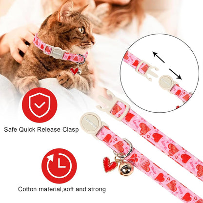 2 Pack Cat Collars Breakaway with Bell, DOGWONG Safety Buckle Valentine's Day Cat Collar Pink Heart for Girl Boy Cats and Small Dogs，Adjustable 7-12 Inch,Pet Supplies Accessories