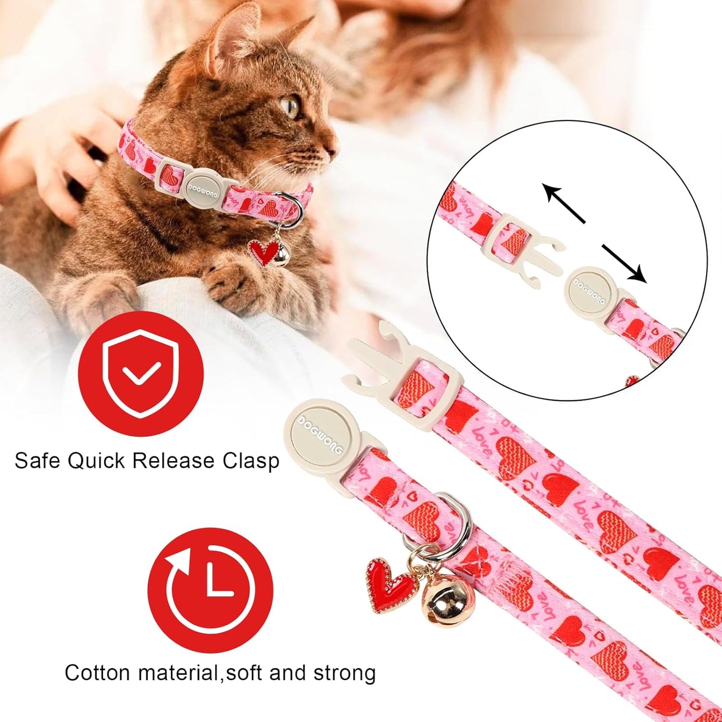 2 Pack Cat Collars Breakaway with Bell, DOGWONG Safety Buckle Valentine's Day Cat Collar Pink Heart for Girl Boy Cats and Small Dogs，Adjustable 7-12 Inch,Pet Supplies Accessories