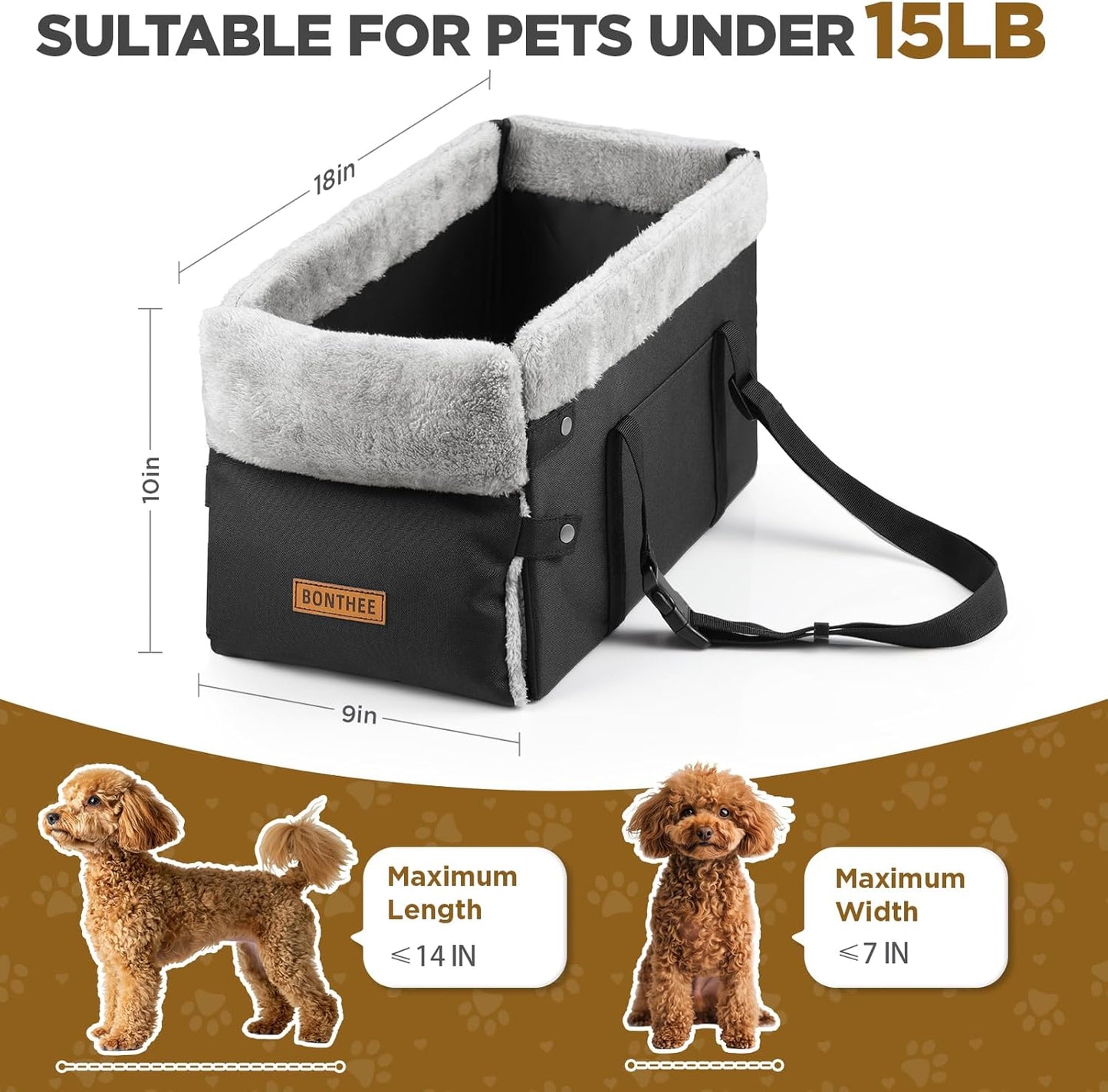 Upgraded Zipper Center Console Dog Car Seat for Small Dogs, Pet Booster Seat with Safety Hook & Adjustable Strap,Washable Center Console Car Bed with Storage Pocket for Pets up to 15lbs