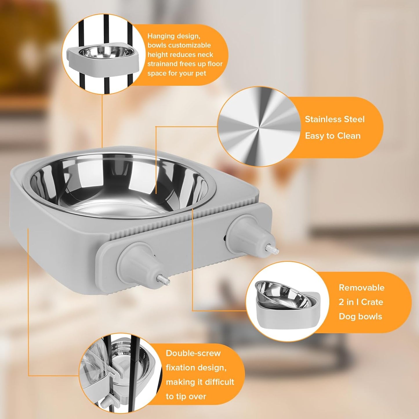 Kenond 55oz Hanging Automatic Rabbit Feeder, 1.6L Large Capacity Gravity Food Dispenser with Stainless Steel Bowl,for Dog, Cat, Ferret & Medium-Small Animals,Fits Widemouth Cages& Wire Cages & Crates