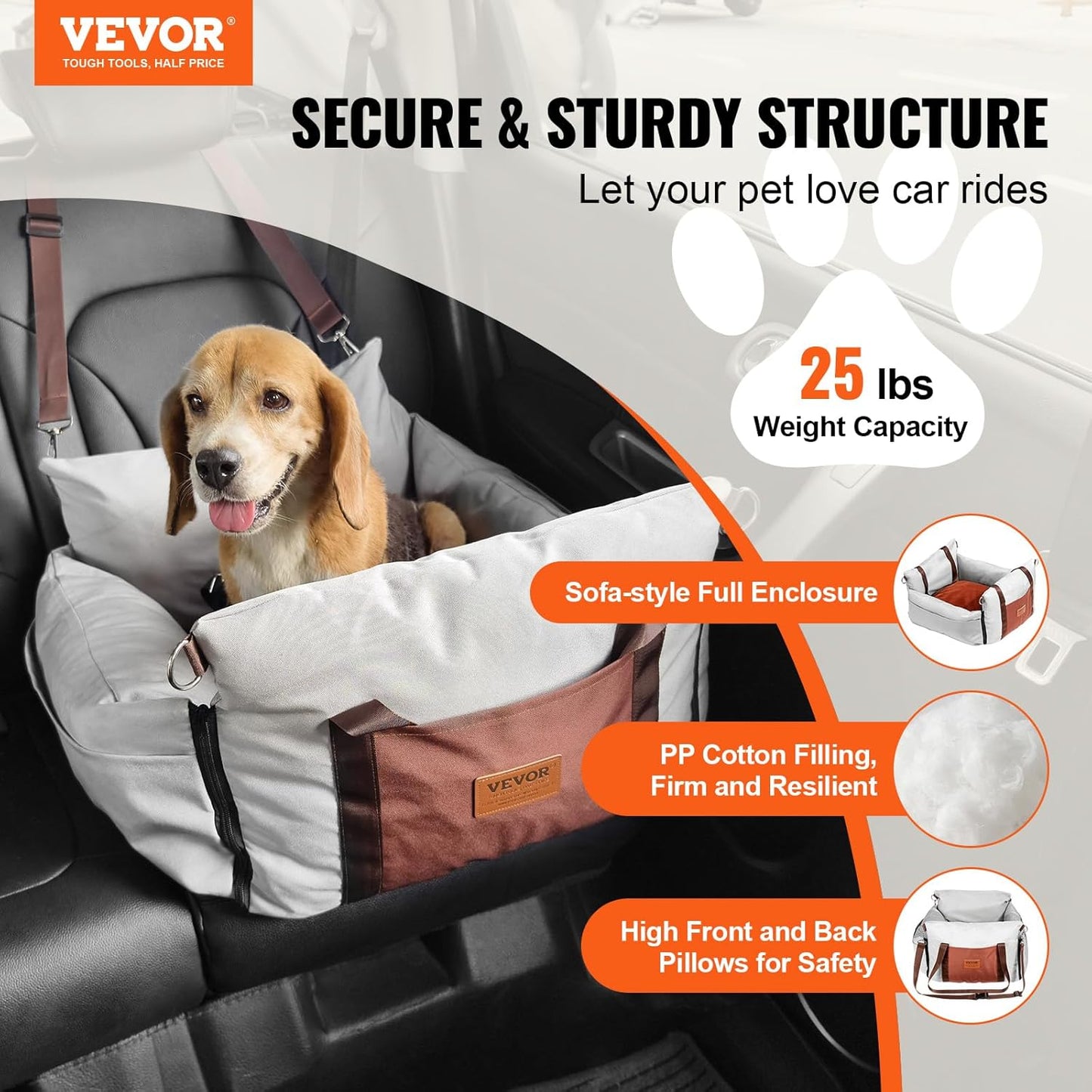 VEVOR Dog Car Seat, Waterproof Dog Booster Seat for Car with Side Handles and a Storage Pocket, Clip-On Safety Leash and PP Cotton Filling, Vehicle Bed for Small Dogs up to 25lbs, Gray