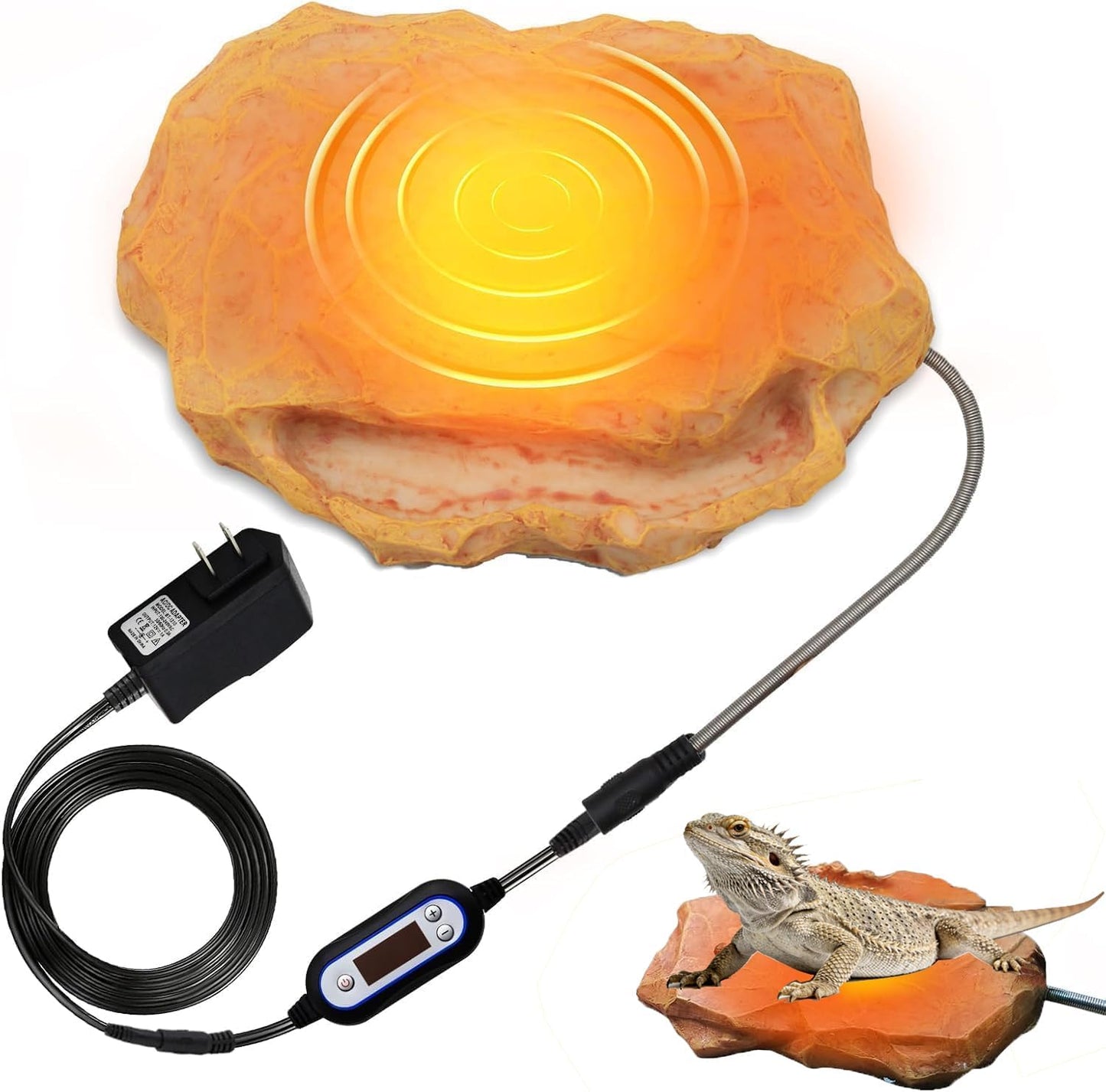 Heat Rocks for Reptiles Heat Rock with Feeding Trough & Temperature Control-Basking Climbing Warmer Heated Rock for Bearded Dragons,Turtles,Snakes,Lizards-Orange