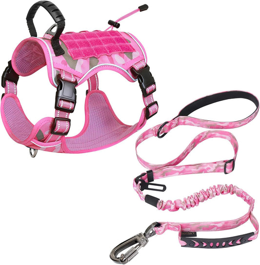Hotsky Tactical Dog Harness and Leash for Medium Dogs No Pull, Adjustable Military Service Dog Vest Reflective Pet Harness with Control Handle Molle System for Dogs Training Walking(Pink Camo, XL)