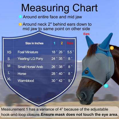 Horse Fly Mask, Adjustable Fly Masks for Horses with Ears, Breathable and 70% UV Protection, Comfort Mesh Without Nose Cover, Horses Accessories (Grey, Blue, Small)