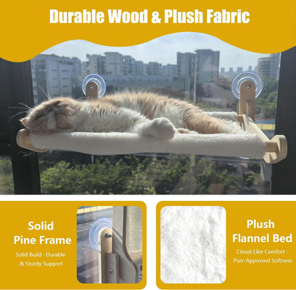 Cat Window Perch Hammock Bed - Foldable Hardwood Frame, No-Drill with Strong Suction Cups, Plush Faux Rabbit Fur for Large Cats up to 50lbs