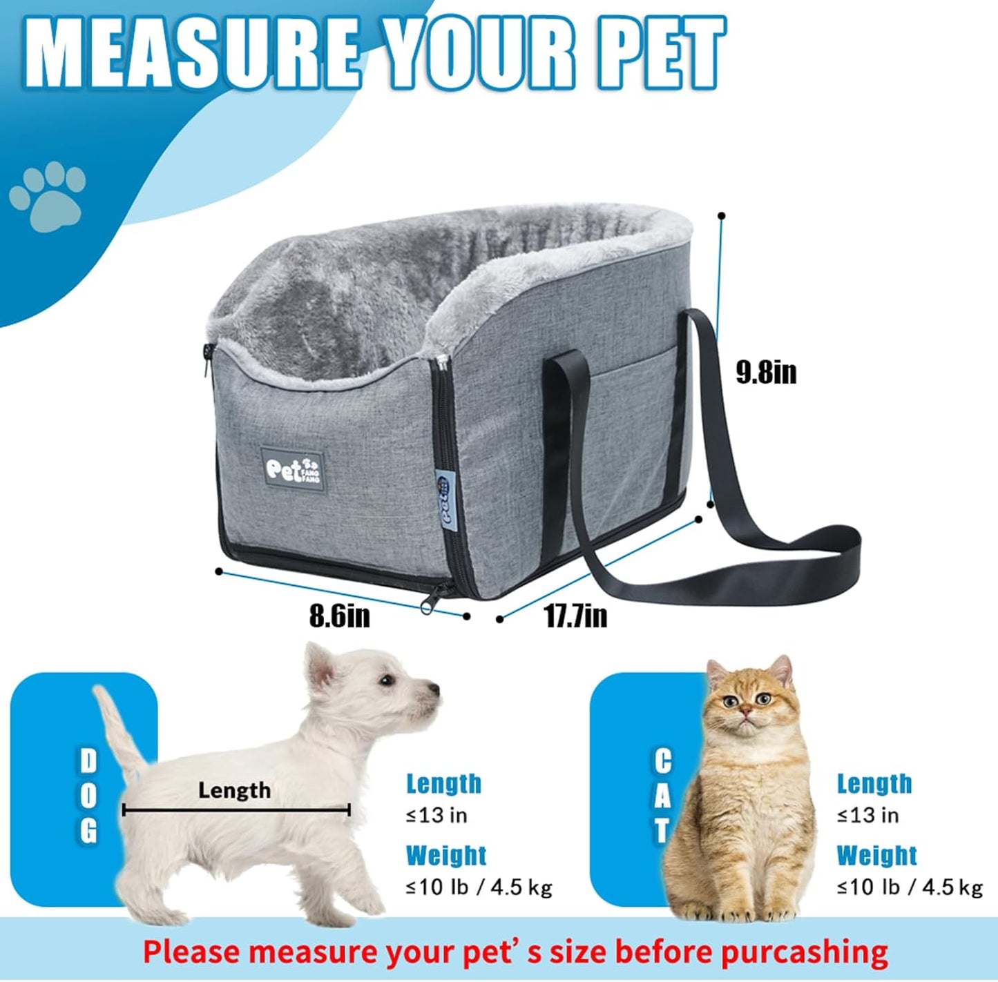 Elevated Dog Car Seat for SUV & Sedan - Pet Booster Seat with Safety Belt & Anti-Slip Platform, Convertible into Travel Carrier Bag & Indoor Bed (Grey)