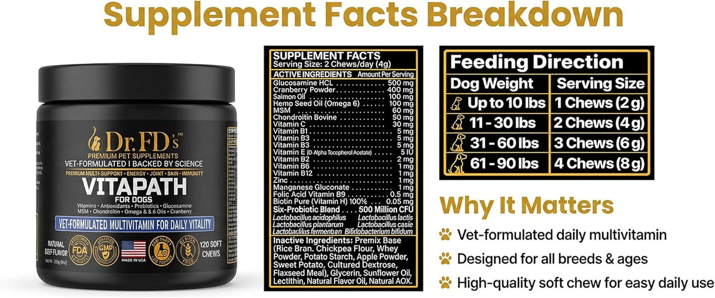 Dr. FD’s VitaPath – Daily Multivitamin for Dogs | Vitamins, Antioxidants & Omegas for Skin, Coat, Immune & Metabolic Health | Natural Beef Flavor | 120 Soft Chews