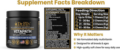 Dr. FD’s VitaPath – Daily Multivitamin for Dogs | Vitamins, Antioxidants & Omegas for Skin, Coat, Immune & Metabolic Health | Natural Beef Flavor | 120 Soft Chews