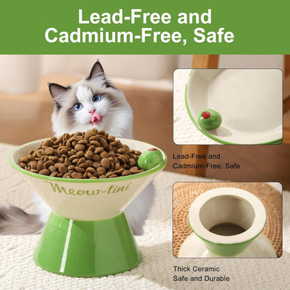 Elevated Cat Bowls Whisker Friendly. Ceramic Raised Whisker Fatigue Cat Bowl for Indoor Cats Protect The Spine and Prevent Vomiting,Meowtini Cat Bowl