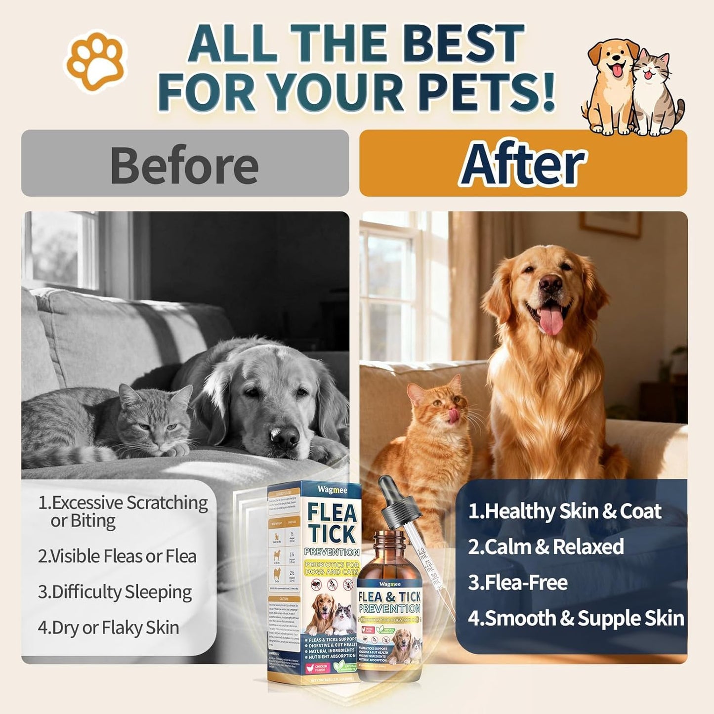 Flea and Tick Support for Dogs and Cats, Natural Flea & Tick Supplement with Probiotics Multivitamin, Supports Healthy Skin Coat & Digestion - All Breeds and Ages - Chicken