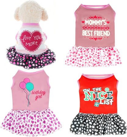 4 Pack Adorable Girl Puppy Printed Doggy Clothes for Small Dogs - Girl Holiday Apparel Dresses(M)