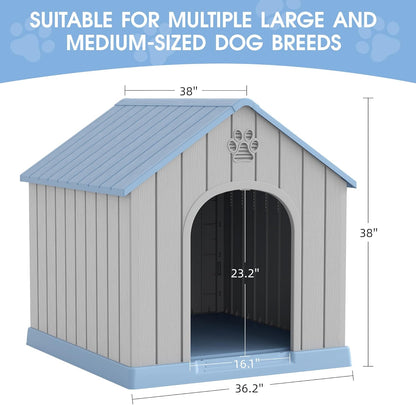 Fancyango Dog House Outdoor Indoor, Weatherproof Dog House with Elevated Floor and Air Vents for Medium to Large Dogs,Easy Clean and Assemble (Blue, 36.2''L×38''W×38''H)