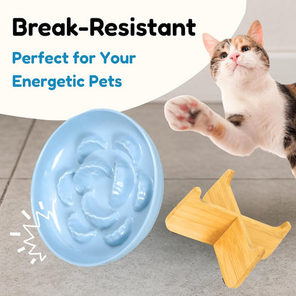 Slow Feeder Cat Bowl with Stand - Unbreakable Elevated Slow Feeder Bowl for Cats - Melamine Puzzle Raised Cat Food Bowl - Whisker Friendly & Wet & Dry Food- Dishwasher Safe & Non Slip (Blue