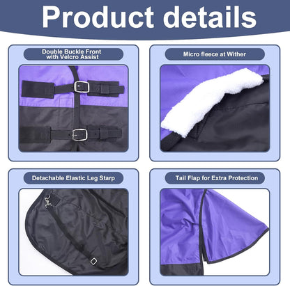 600 Denier Rip-Stop Horse Rain Sheet Lightweight Waterproof and Breathable Turnout Horse Blanket (No Fill) Violet/Black 81