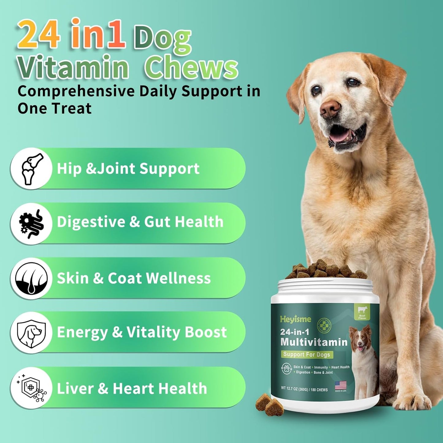 Dog Multivitamin, Glucosamine Chondroitin for Dogs, Dog Vitamins and Supplements, Probiotics, Krill Oil for Hip & Joints, Skin, Coat, Immune Health, Heart, Digestion (180 Chews, Beef)