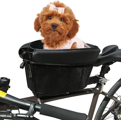 Dog Bike Basket, Adjustable Safety Strap Pet Bike Basket, Bike Dog Basket with Black Liner,for Up to 15lbs Small Dogs Cats Pets(Black)