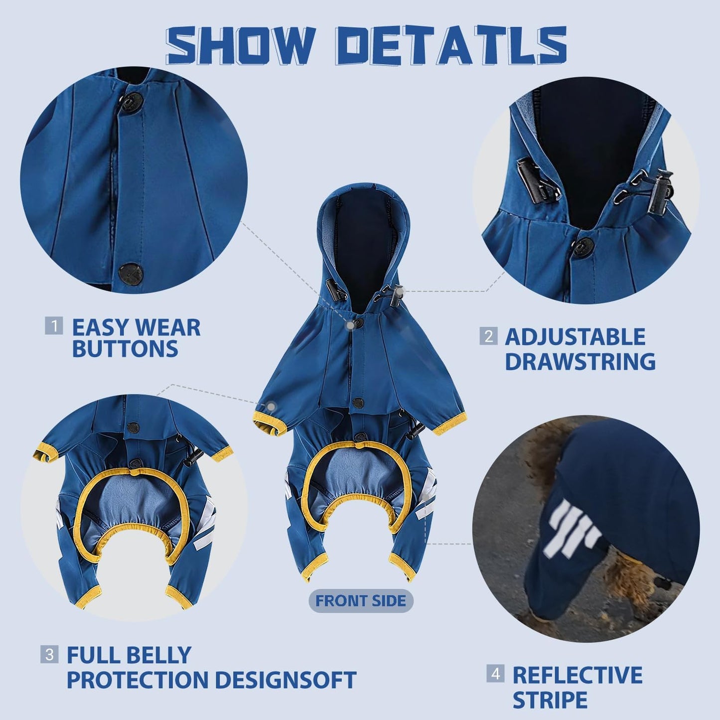 Dog rain Coat with Leash Hole and Reflective Strap - Adjustable Drawstring for Small Medium Dogs - Full-Body Coverage Water Resistant Jacket (Blue, Large)