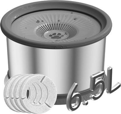 6.5L Dog Water Bowl No Spill with 4 Pcs Filters 1.6 Gallon Stainless Steel Water Bowl for Dogs 220oz Large Capacity No Splash Slow Drinking Feeder with Anti-Slip Mat for Messy Drinkers