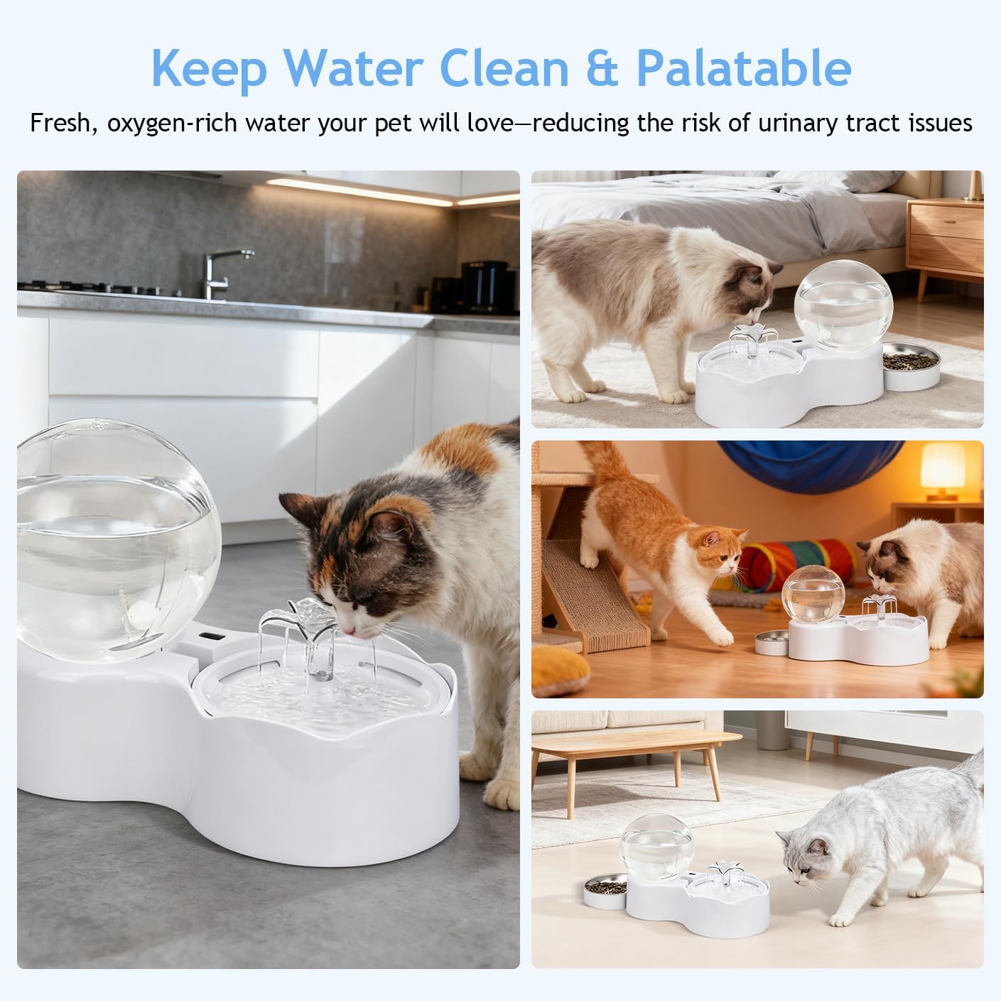 Cat Water Fountain with Food Bowl - Pet Fountain 2 in 1 Set, Automatic Pet Water Dispenser with 3 Drinking Modes, Cat Food and Water Dispenser Set for Cats and Small Dogs