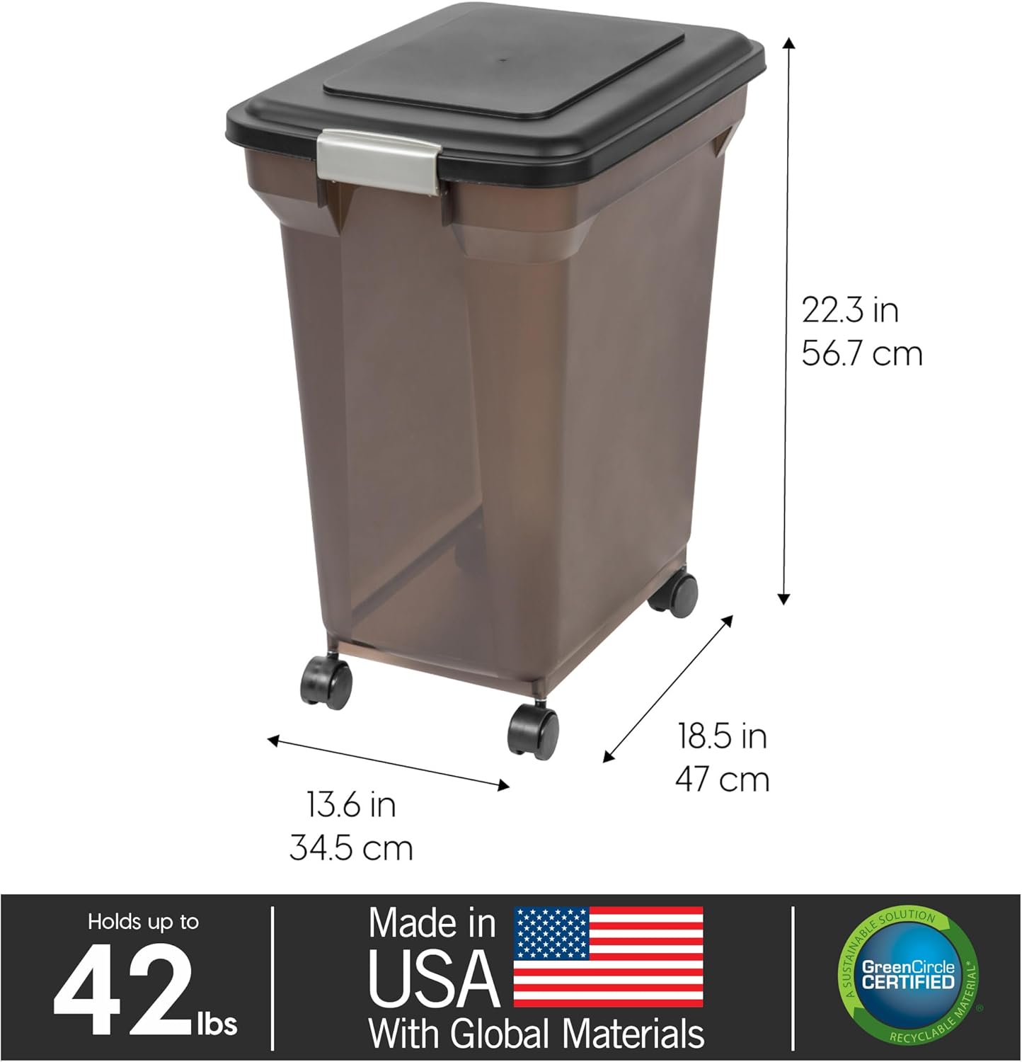IRIS USA WeatherPro Airtight Dog Food Storage Container, Up to 58 lbs, Attachable Wheels, For Dog Cat Bird and Other Pet Food Storage Bin, Keep Fresh, Easy Mobility, BPA Free, Smoke