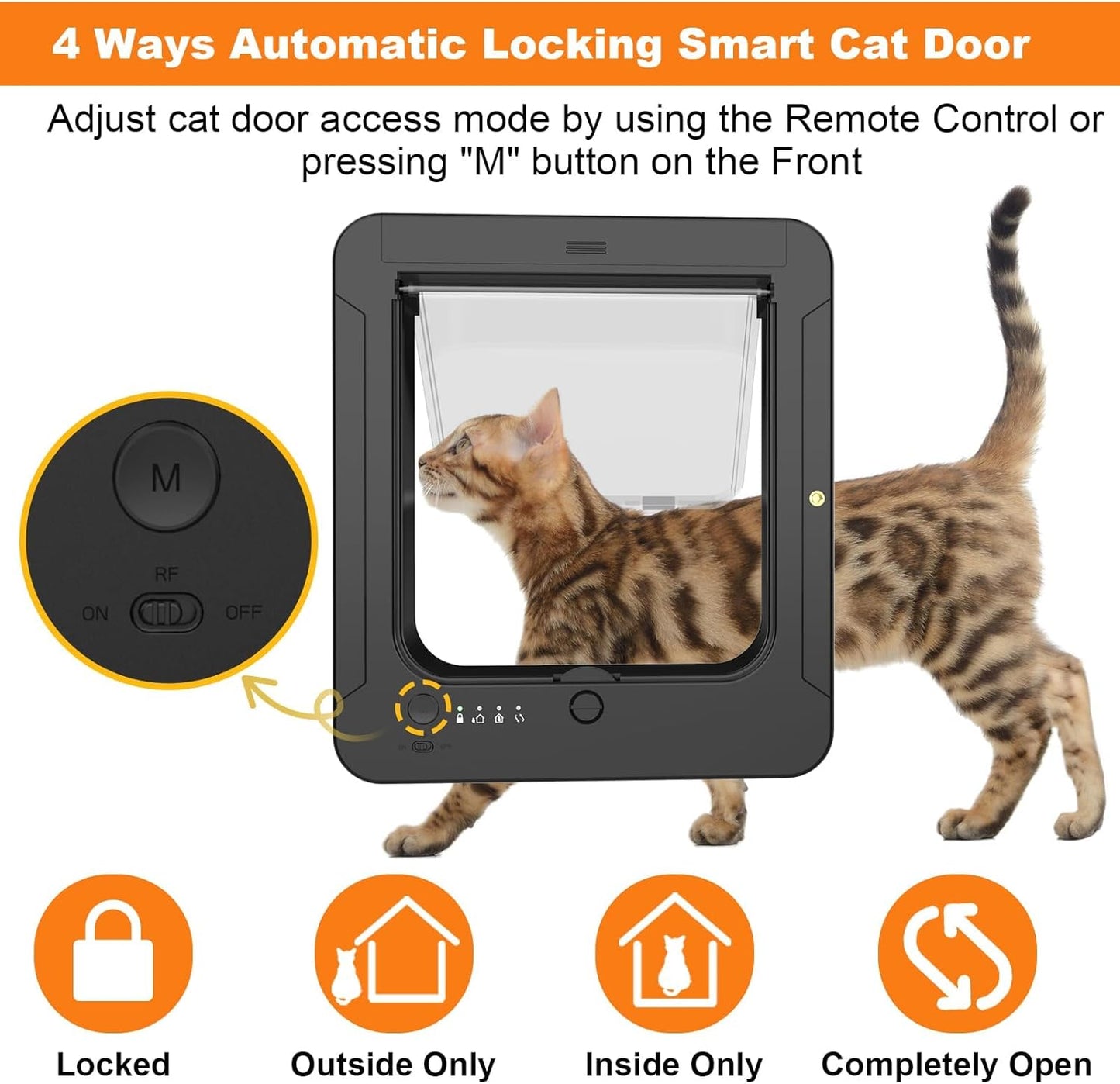 Smart Cat Door with 3 Collar Sensor, RFID Cat Door Collar Activated with Remote Control, 4 Way Locking Cat Flap Automatic Pet Door (Black)