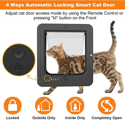 Smart Cat Door with 3 Collar Sensor, RFID Cat Door Collar Activated with Remote Control, 4 Way Locking Cat Flap Automatic Pet Door (Black)