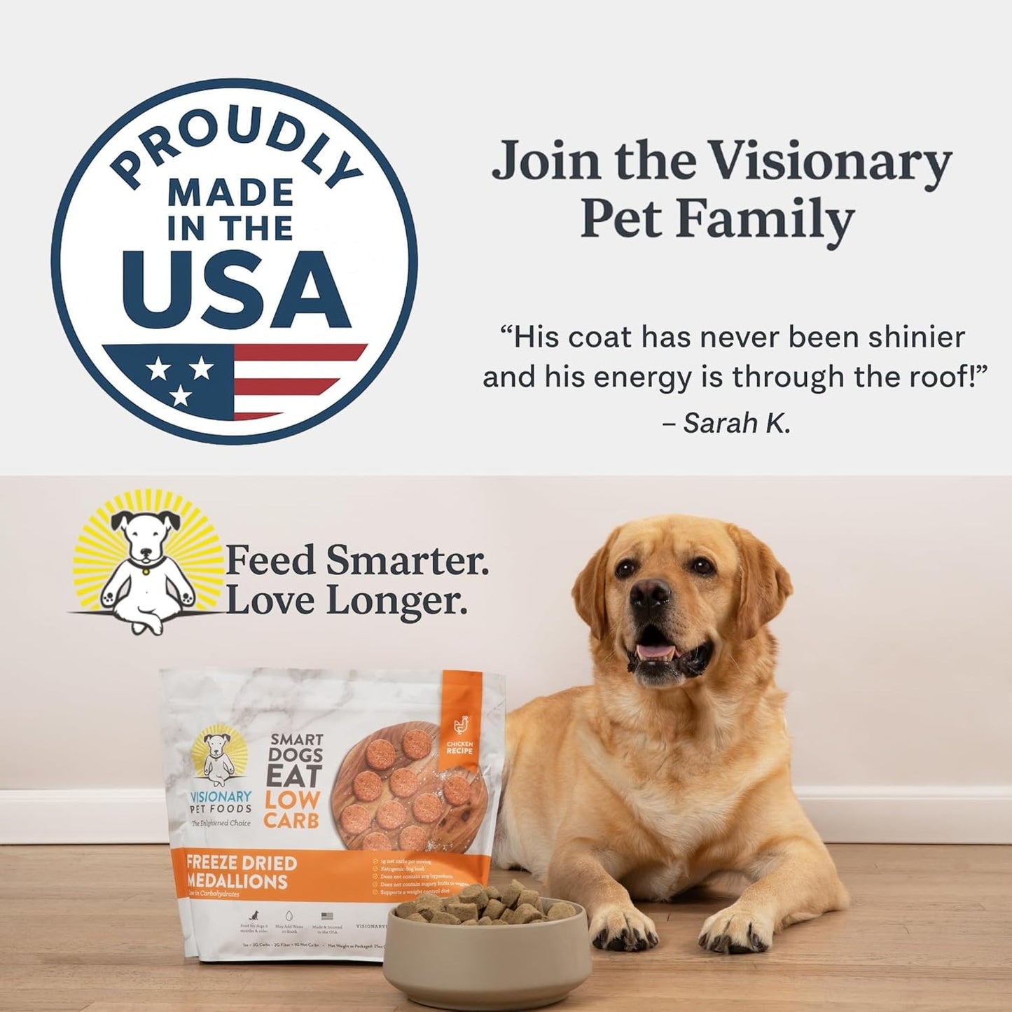 Visionary Pet Foods Low Carb Keto Natural Dry Dog Food Bundle Less Than 1g Net Carbs Freeze Dried Raw Real Beef and Chicken, Diabetic Friendly Made and Sourced in USA 25oz