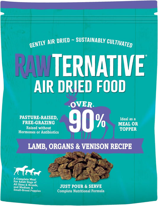 RawTernative Air Dried Dog Food, High Protein, Over 90% Real Lamb, Organs, & Venison + New Zealand Green Mussels, Complete Meal or Topper, Grain Free, Gluten Free, Non GMO, (1 lb Bag)