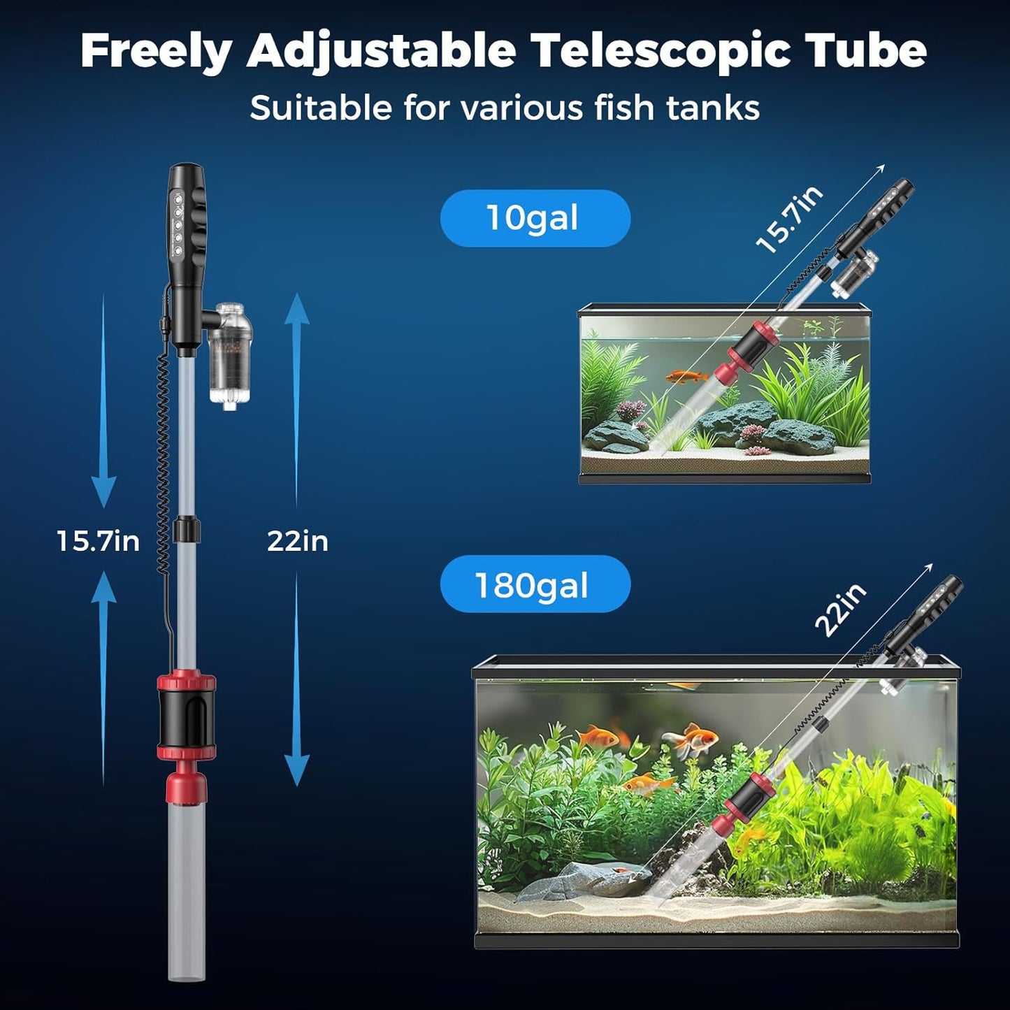 36W Electric Aquarium Vacuum Gravel Cleaner: Fish Tank Vacuum Gravel Cleaner with Strong Suction for Automatic Water Change Algae Remover Sand Wash Water Shower and Water Circulation, Timed Off