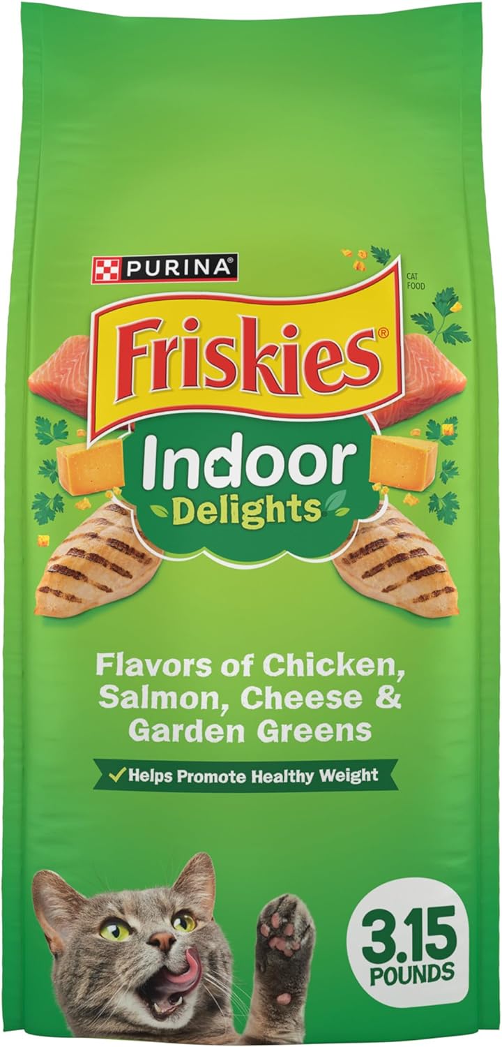 Purina Friskies Dry Cat Food Indoor Delights Flavors of Chicken, Salmon, Peas, and Carrots - (Pack of 4) 3.15 lb. Bags