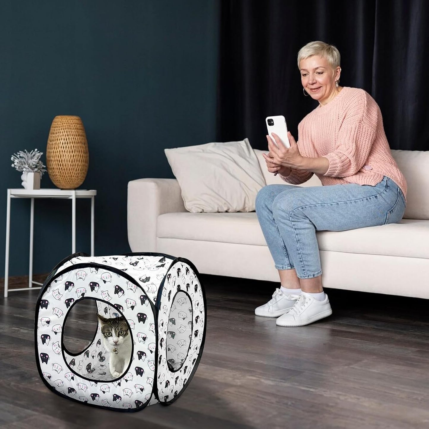 Andiker Cat Tent, 3 Holes Safe and Strong Cute Cats Tunnel Collapsible Easy to Carry Cat House for Indoor Cats Kittens Hiding Playing Training Sleeping (Square Black)