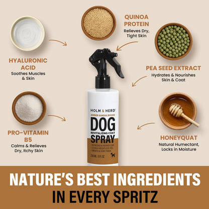 Holm & Herd Dog Deodorizing Spray – Long-Lasting Dog Coat Perfume, Leave-In Conditioner for Soft, Shiny Fur – Pet Cologne for Dogs - Amber Sandalwood 8oz