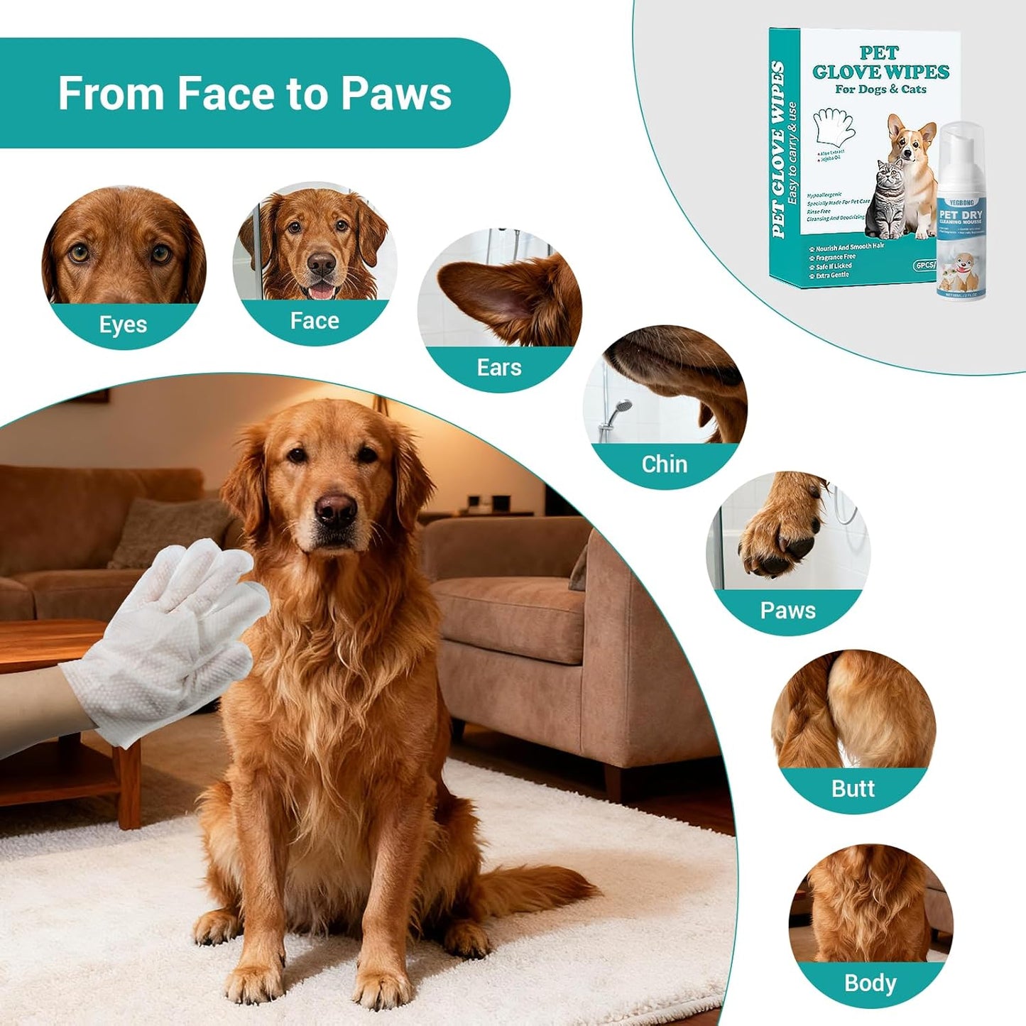 Pet Glove Wipes for Dogs & Cats – Extra Thick Rinse-Free Mittens, Hypoallergenic, Cleansing & Deodorizing, Optional No-Rinse Foam Mousse for Deeper Cleaning, Ideal for Playful & Large Dogs