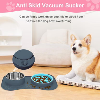 Slow Feeder Dog Bowls 3 in 1 Stainless Steel Dog Food and Water Bowls with Non-Spill and Non-Skid Silicone Mat to Slow Down Eating for Large Medium Small Breed Size Dogs and Cats