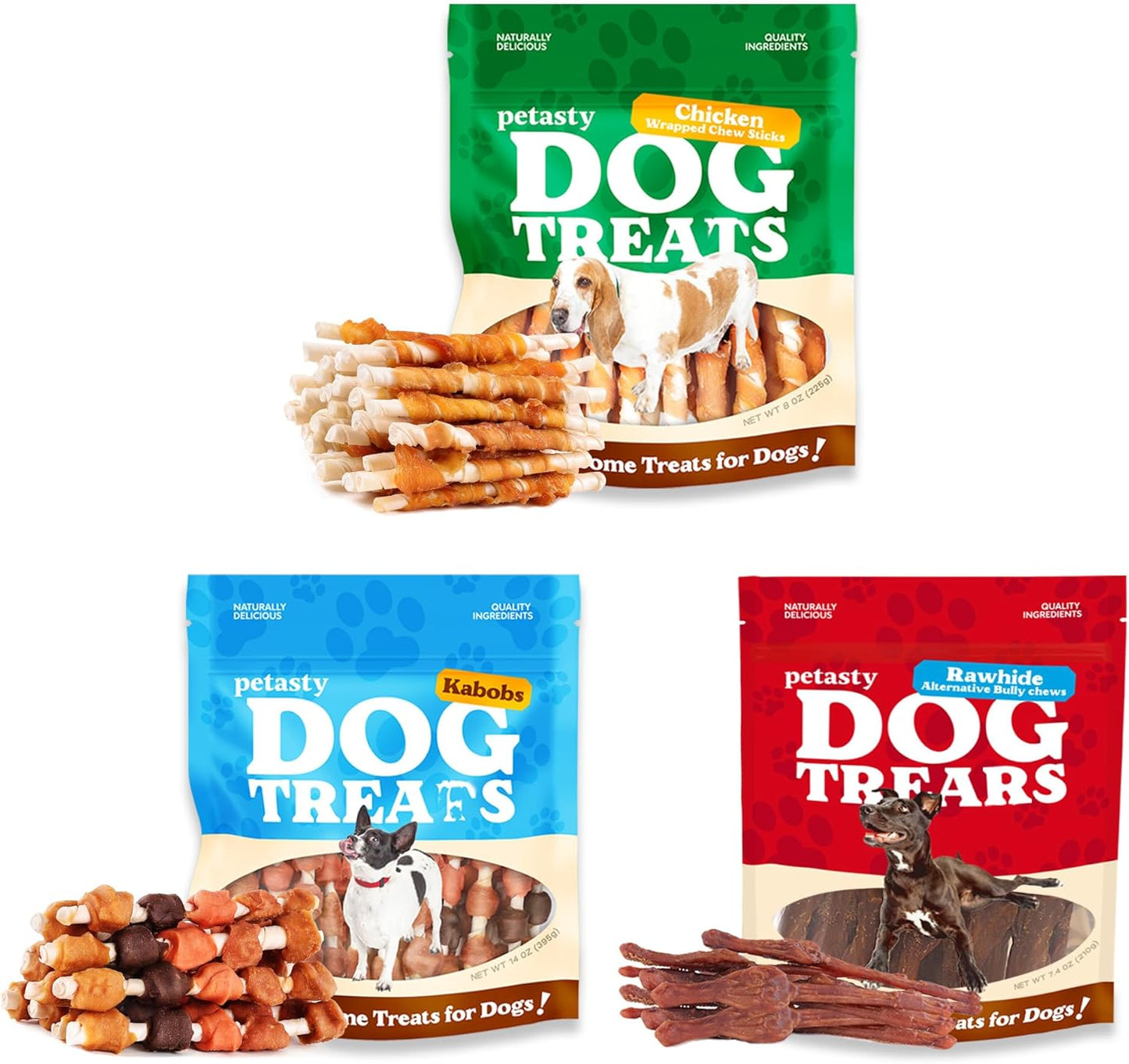 Dog Treats Bundle – Multi-Flavor Kabobs (5”) + Chicken Wrapped Rawhide (5”, 30-Count) + Beef & Bully Sticks (7”, 10-Count), Low-Odor, Long-Lasting Chews for All Breeds