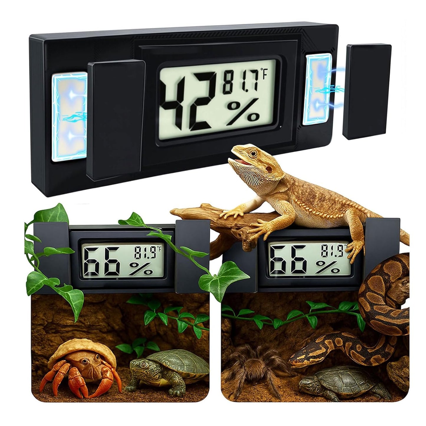 2pcs Magnetic Reptile Thermometer and Humidity Gauge,Fast Accurate Hygrometer Thermometers Terrarium Tank Accessories,for Bearded Dragon,Jumping Spider,Snake,Tortoise,Crab,Ball Python,Gecko (Black)