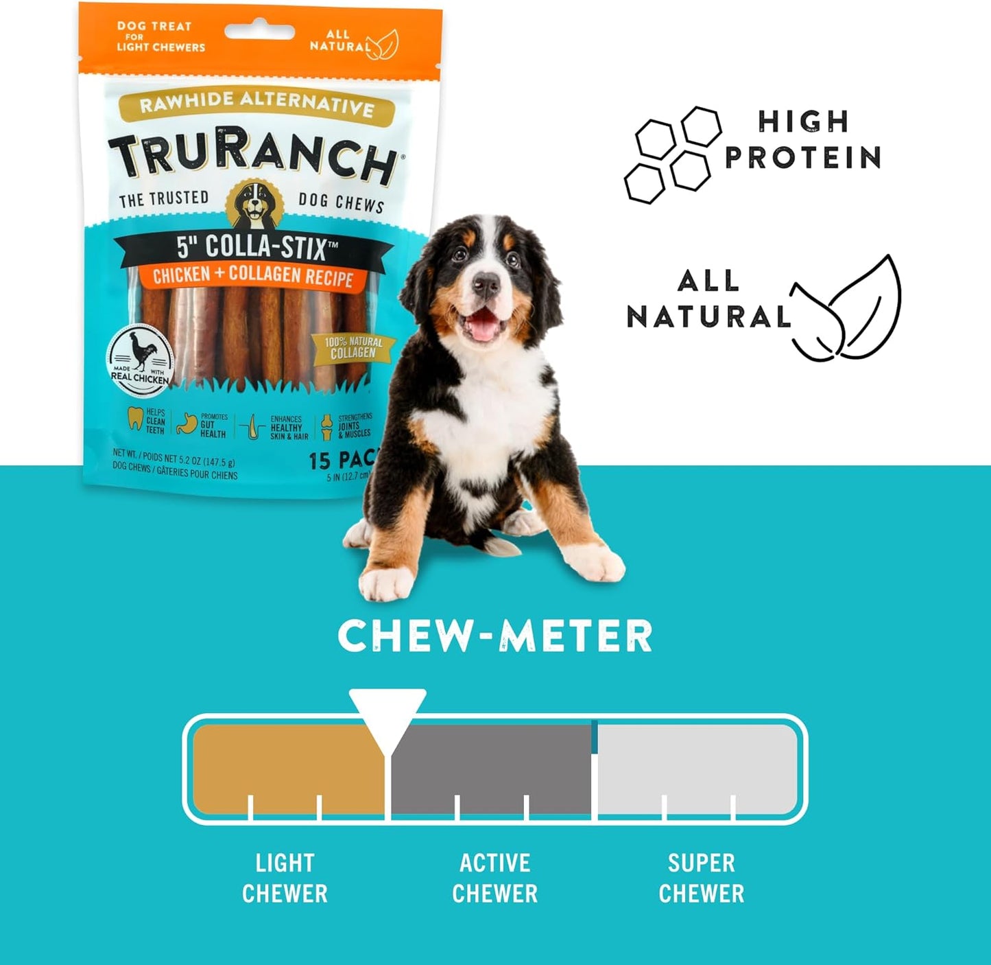 TRURANCH Collagen Sticks - 5" Collagen Sticks for Dogs - Long Lasting Healthy Joint Support Dog Treat - Rawhide Alternative - Skin & Coat Health - Made with Real Chicken, 1 Bag, 15 Count